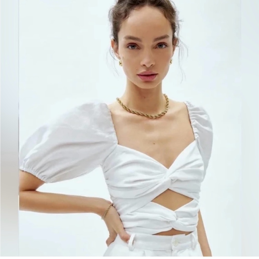 Reformation Karina Linen White Puff Sleeve Cutout Blouse